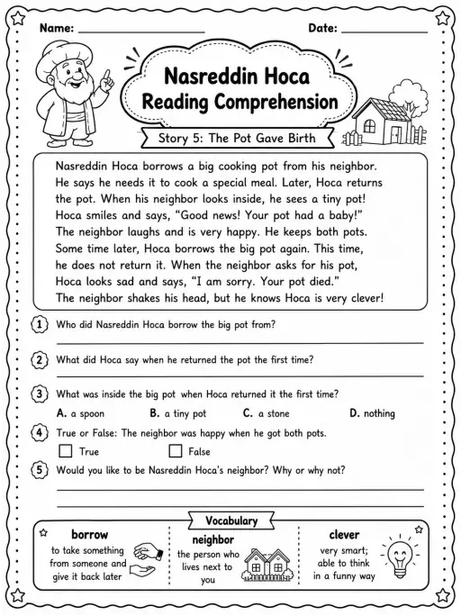 Nasreddin Hoca Reading Comprehension: The Pot Gave Birth