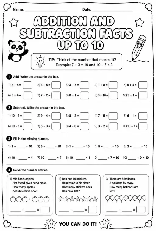 Addition and subtraction facts - up to 10