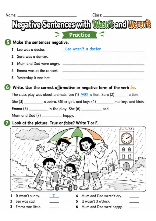 Negative Sentences With Wasn'T And Weren'T | Grades 2-3 Grammar Worksheet