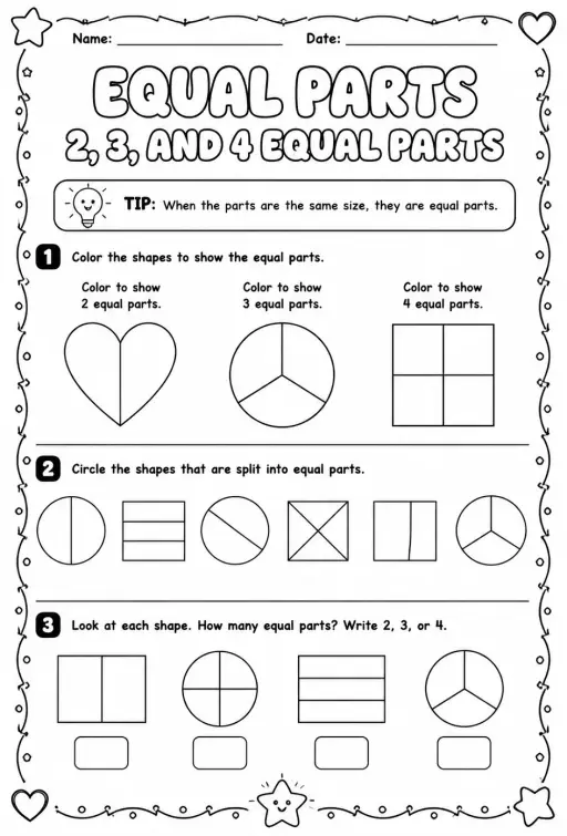 Equal parts - 2, 3, and 4 equal parts