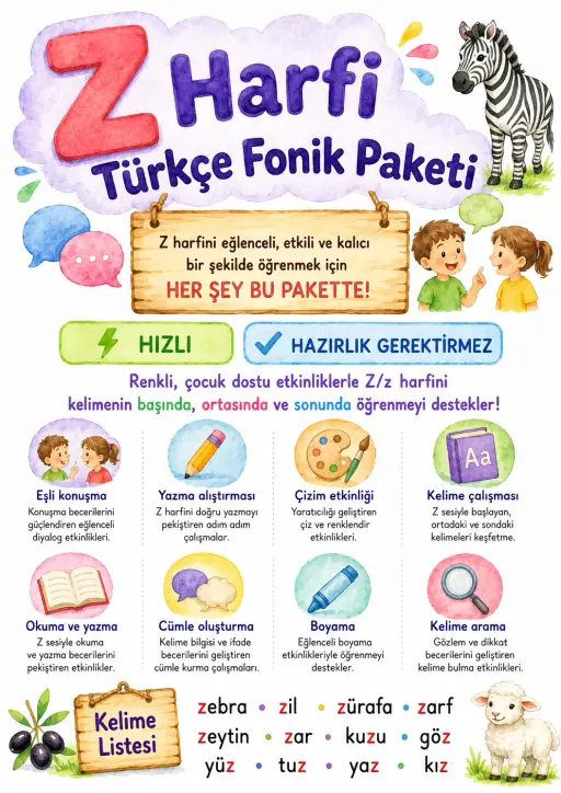 Turkish Letter Z Phonics Worksheets Pack