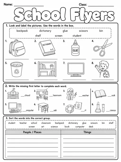 School Flyers Vocabulary Worksheet Pack