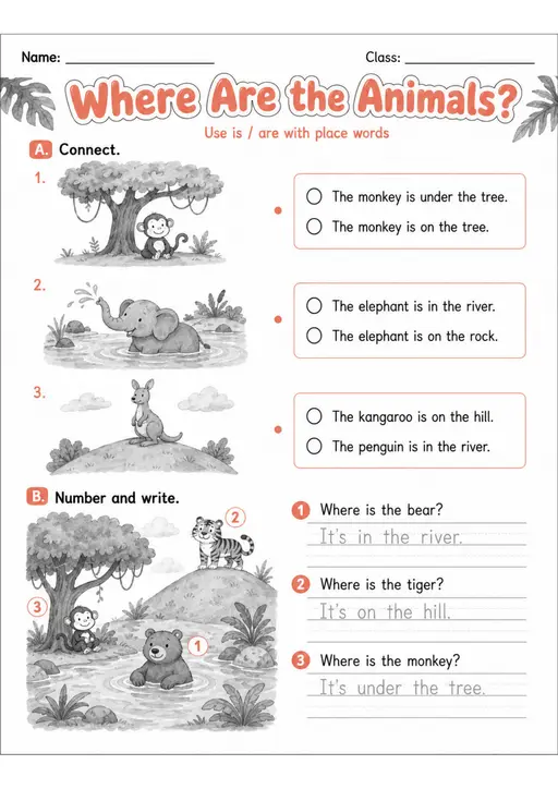 Where Are the Animals? | Grade 1 Grammar Worksheet