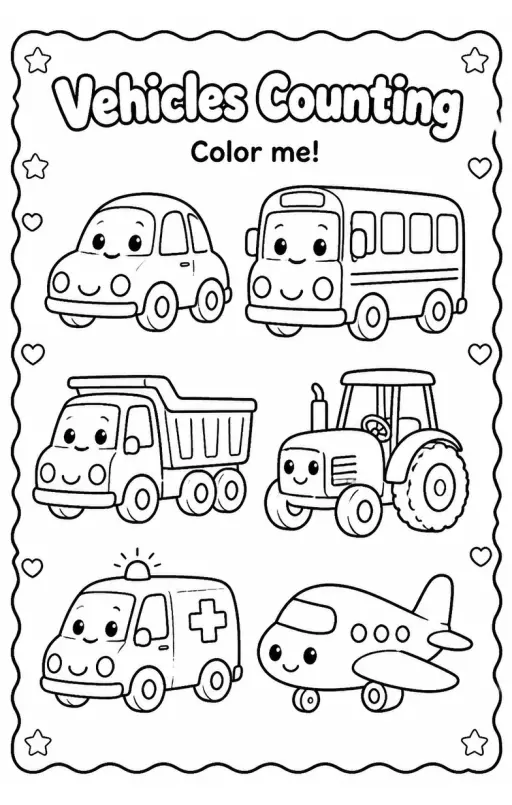 Vehicles Counting Coloring Page
