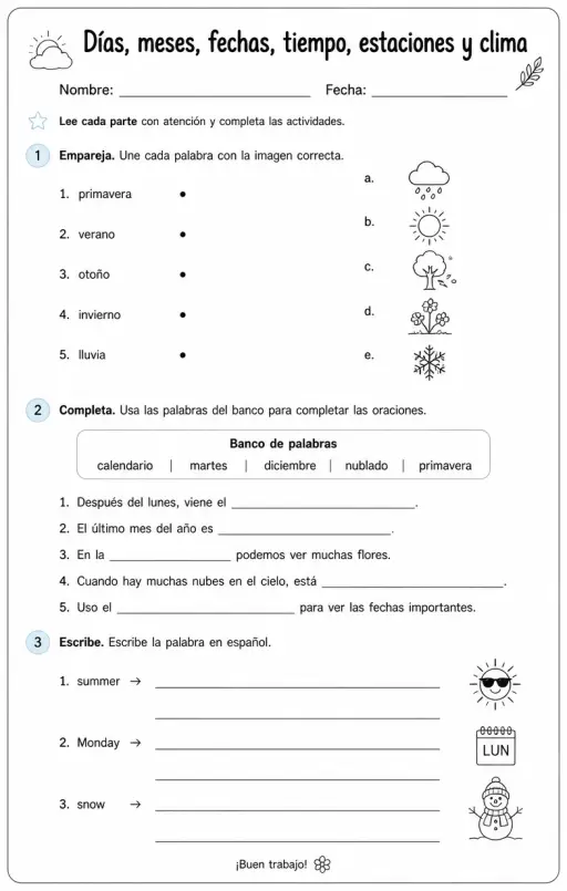 Reconocer palabras, frases o oraciones en español relacionadas con las estaciones.