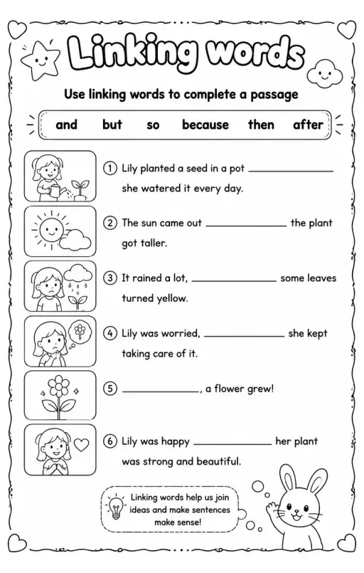 Use linking words to complete a passage