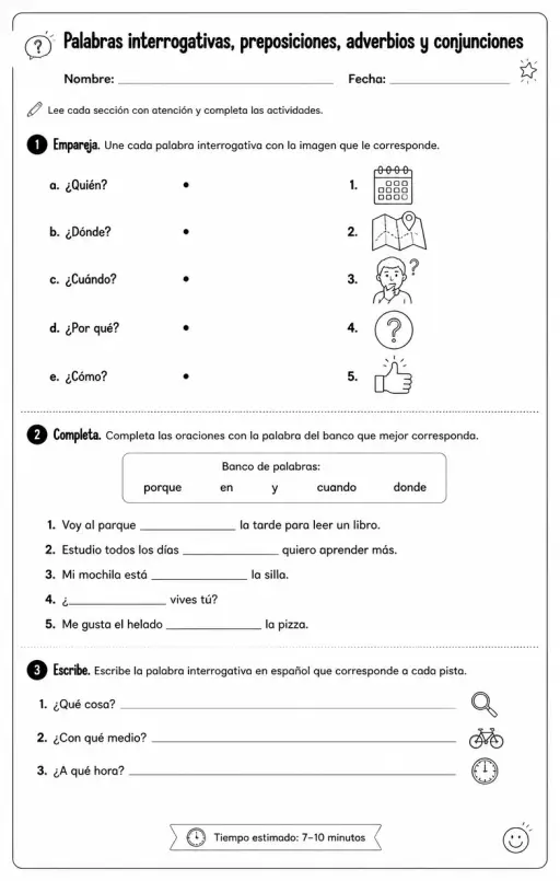 Reconocer palabras, frases o oraciones en español relacionadas con palabras interrogativas.