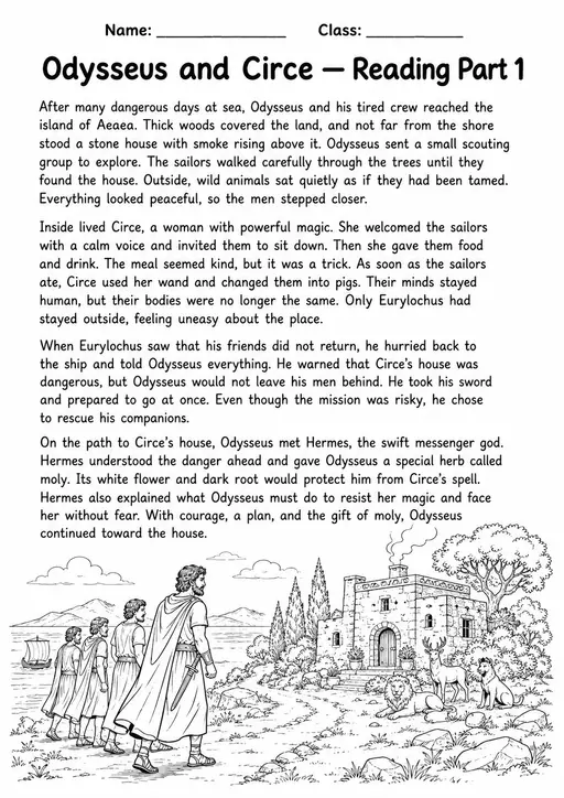 Odysseus and Circe Reading Comprehension | Grade 6 | 9 Pages