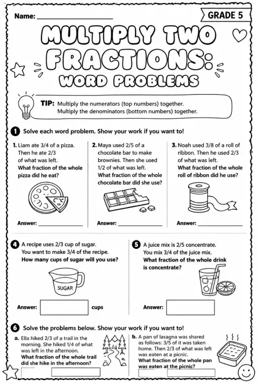 Multiply two fractions: word problems