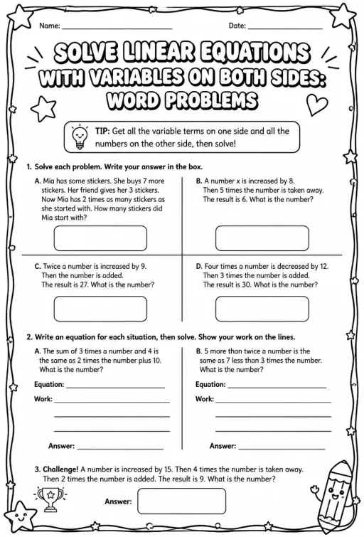 Solve linear equations with variables on both sides: word problems