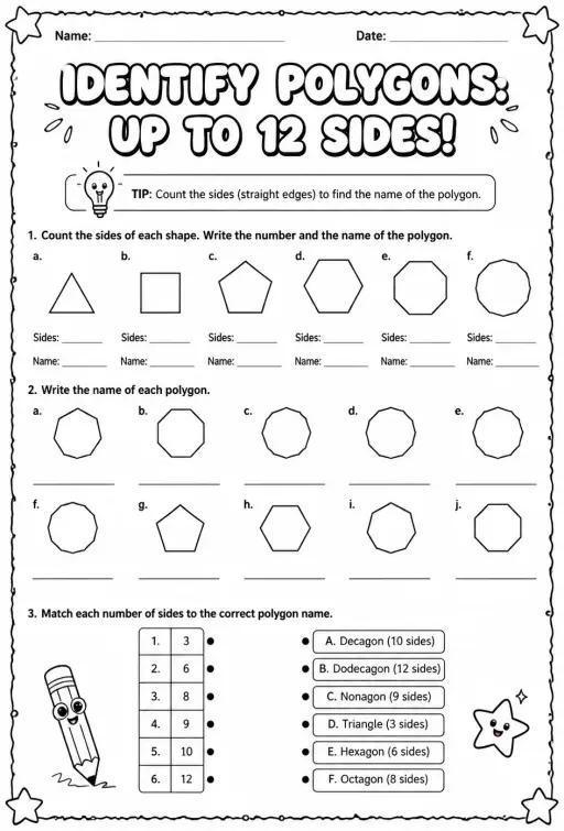 Identify polygons: up to 12 sides
