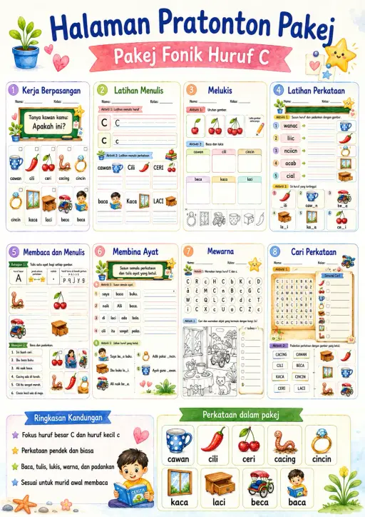 Malay Letter C Phonics Worksheets Pack