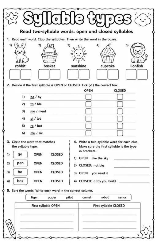 Read two-syllable words: open and closed syllables