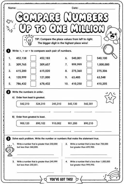 Compare numbers up to one million