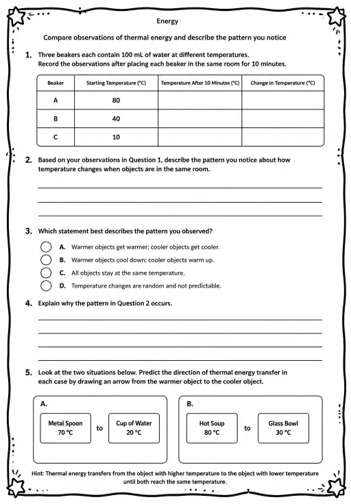 Compare observations of thermal energy and describe the pattern you notice