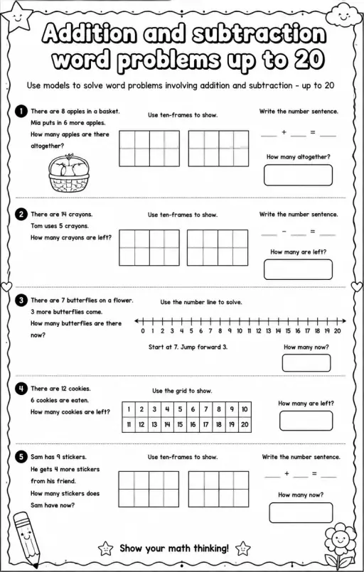 Use models to solve word problems involving addition and subtraction - up to 20