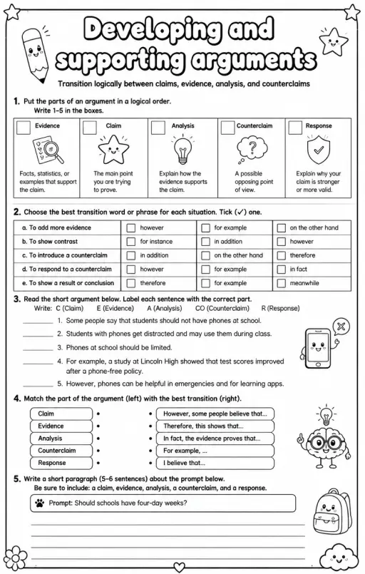 Transition logically between claims, evidence, analysis, and counterclaims