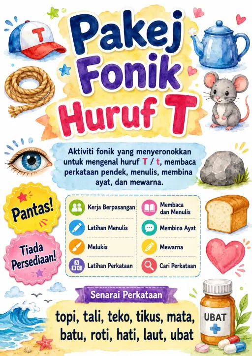 Malay Letter T Phonics Worksheets Pack