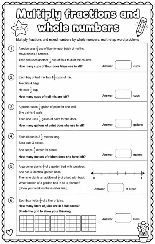 Multiply fractions and mixed numbers by whole numbers: multi-step word problems
