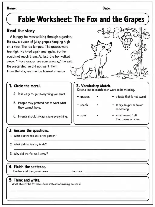 Fable Worksheet: The Fox and the Grapes