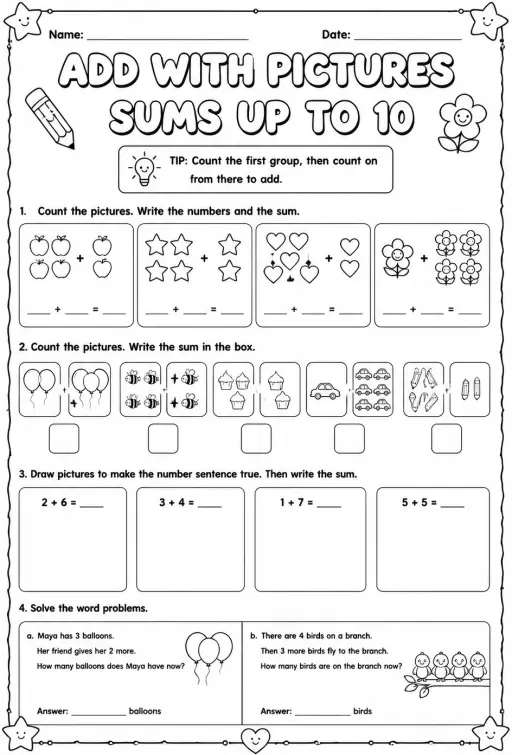 Add with pictures - sums up to 10