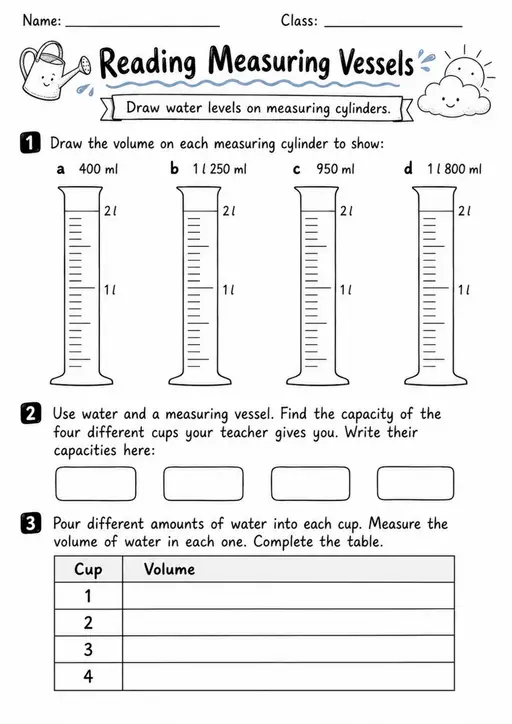 Reading Measuring Vessels - Grade 3 Math Worksheet