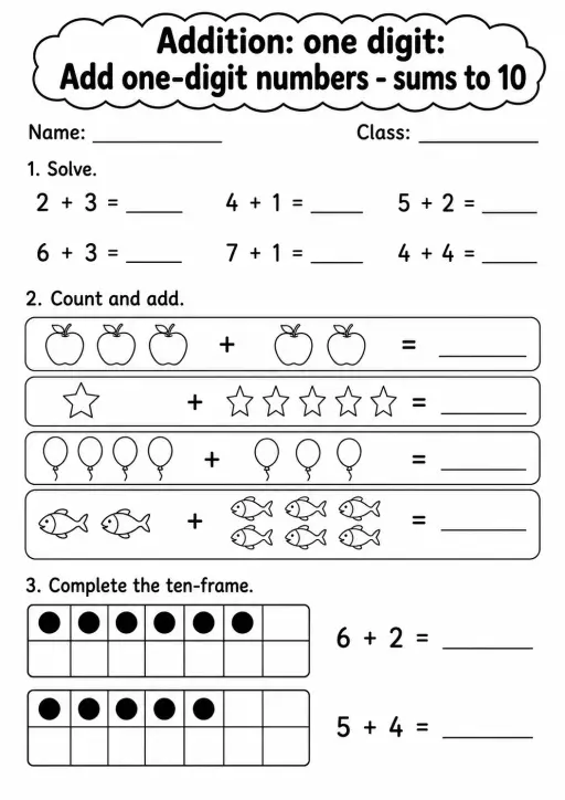 Grade 2 Addition: One Digit Math Worksheet Pack