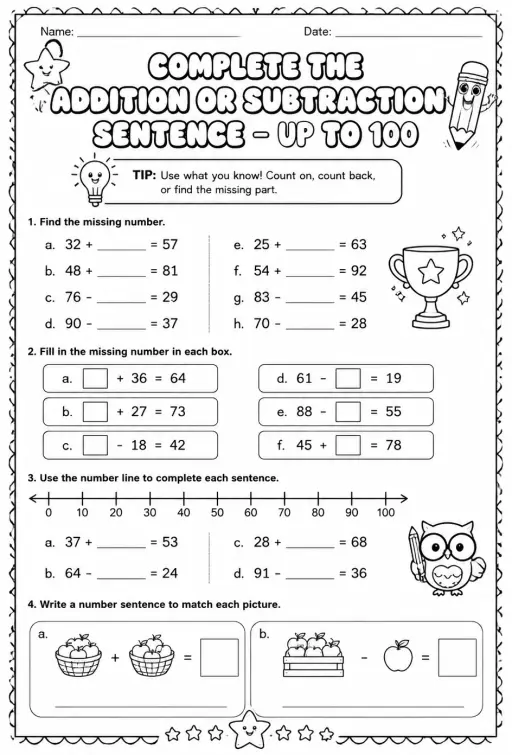 Complete the addition or subtraction sentence - up to 100