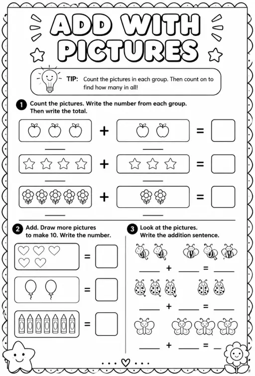 Add with pictures - sums up to 10