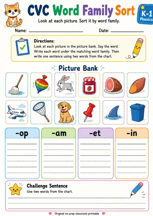 CVC Word Family Sort: -op, -am, -et, -in