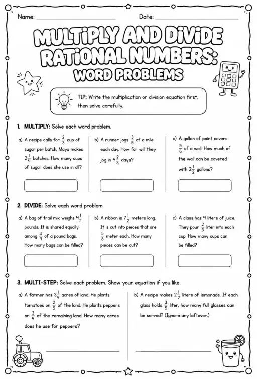 Multiply and divide rational numbers: word problems