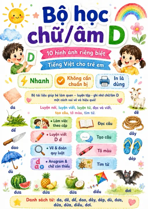 Vietnamese Letter D Phonics Worksheets Pack