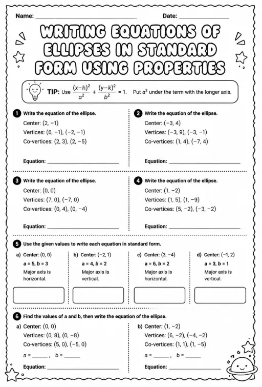 Write equations of ellipses in standard form using properties