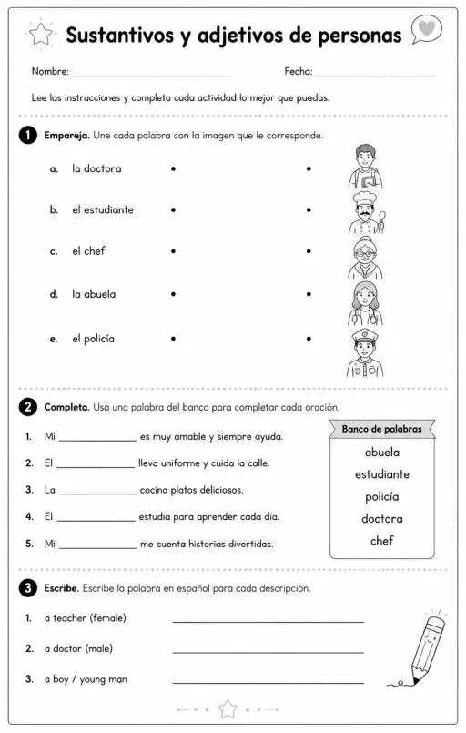Reconocer palabras, frases o oraciones en español relacionadas con sustantivos de personas.