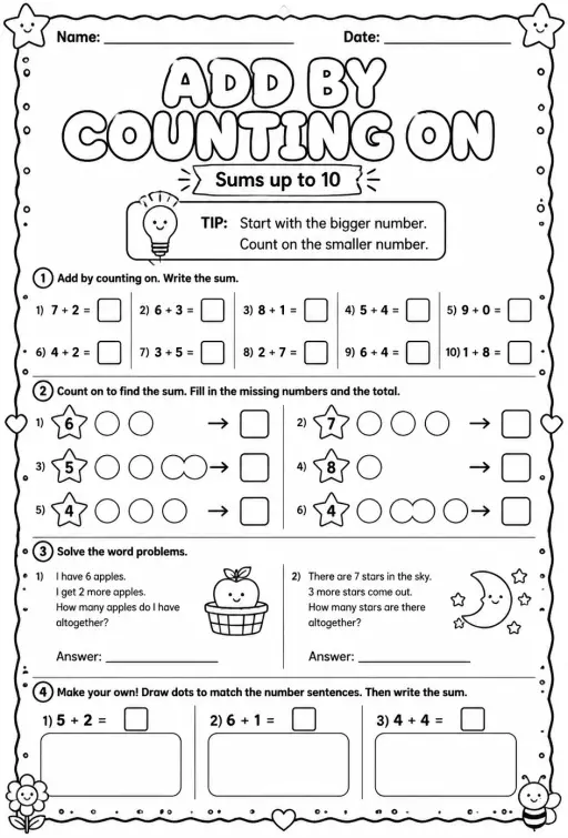 Add by counting on - sums up to 10