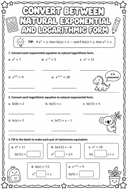 Convert between natural exponential and logarithmic form