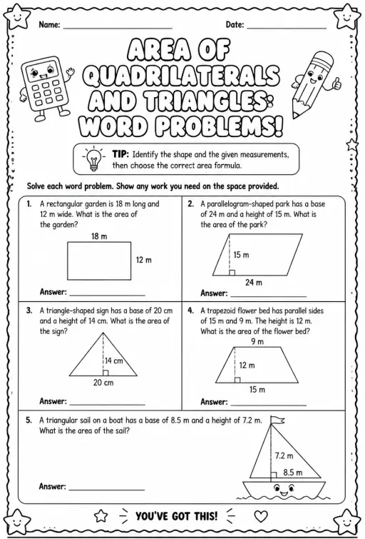 Area of quadrilaterals and triangles: word problems