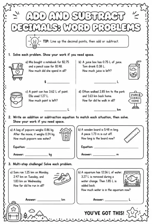 Add and subtract decimals: word problems