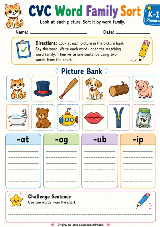 CVC Word Family Sort: -at, -og, -ub, -ip
