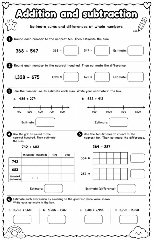 Estimate sums and differences of whole numbers
