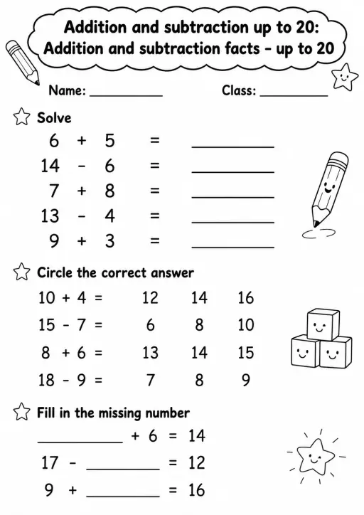 Grade 1 Addition And Subtraction Up To 20 Math Worksheet Pack