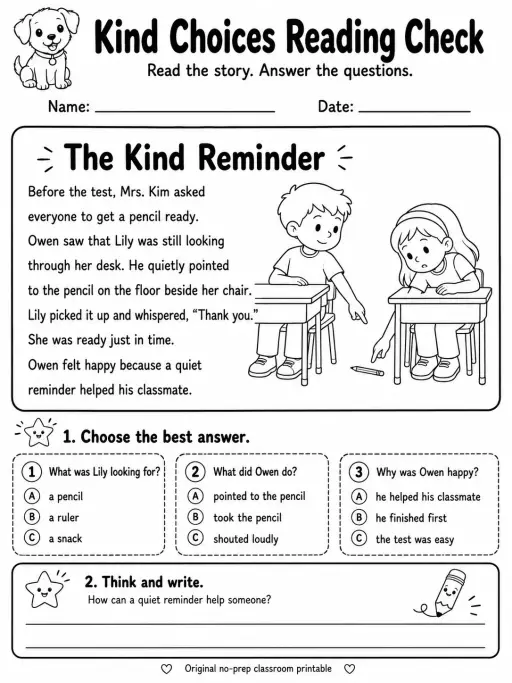 Kind Choices Reading Check: The Kind Reminder