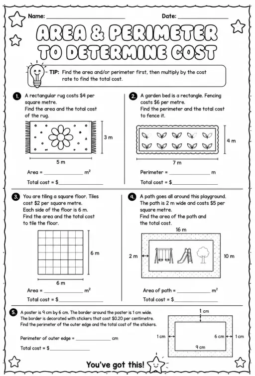 Use area and perimeter to determine cost