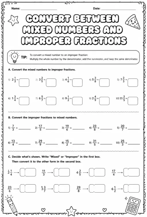 Convert between mixed numbers and improper fractions