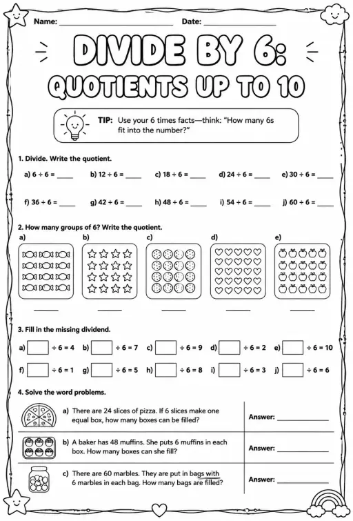 Divide by 6: quotients up to 10
