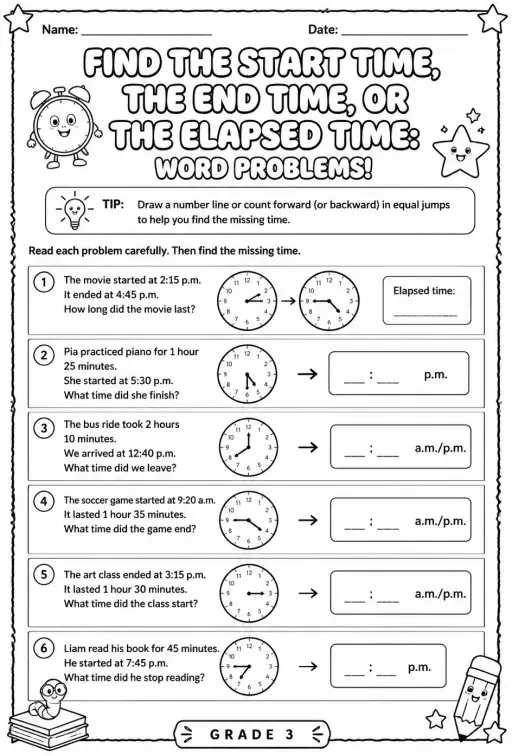 Find the start time, the end time, or the elapsed time: word problems