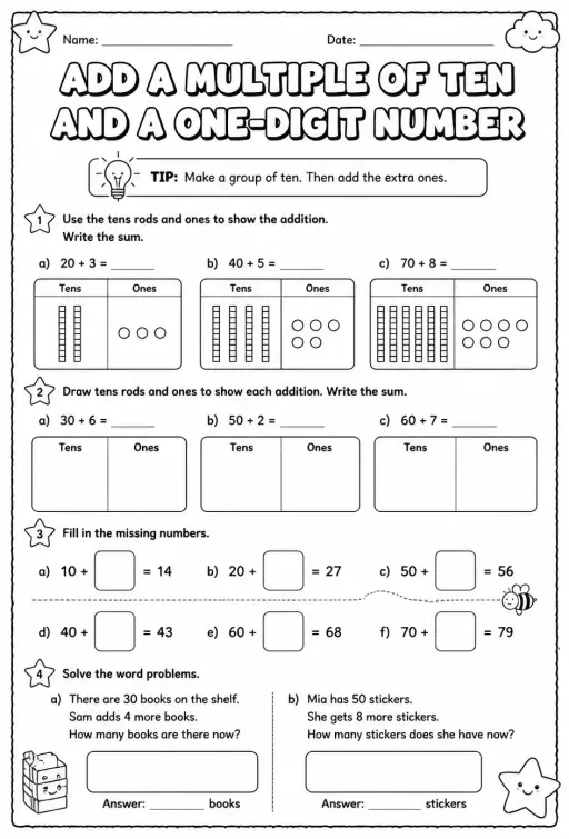 Use models to add a multiple of ten and a one-digit number