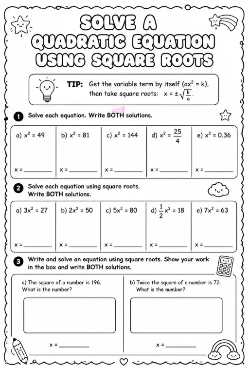 Solve a quadratic equation using square roots