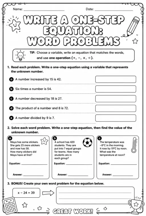 Write a one-step equation: word problems