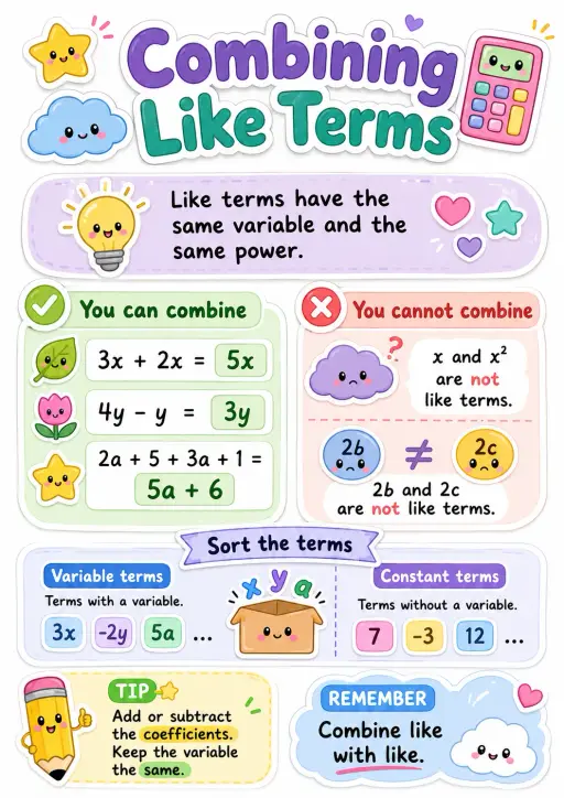 Combining Like Terms Algebra Infographic